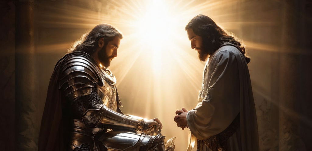 knight and Jesus kneeling praying
